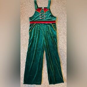 No Boundaries Holiday Velvet Jumpsuit, Green with Red Accents